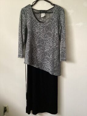 Connected apparel Black and Silver Floral Mesh Overlay  two pc. Dress.